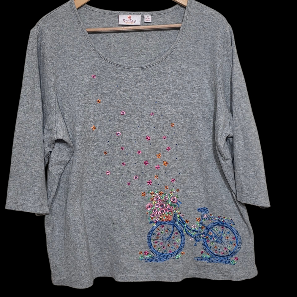 Quacker Factory Gray Blue Graphic Long Sleeve Tee
